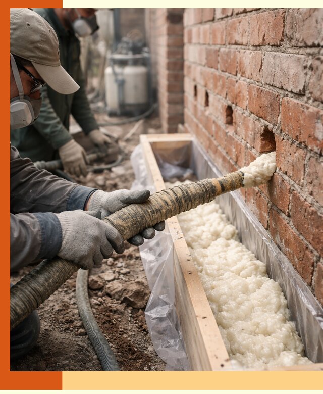 Заливка ППУ в пустоты кирпичной стены в Карпинске