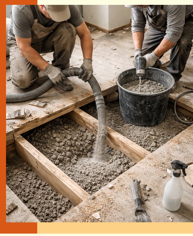 Заполнение пустот пола в Карпинске полиуретаном и пенополистиролом