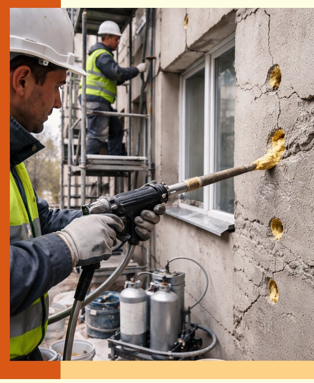 Заполнение пустот в фасаде и утепление стен в Карпинске